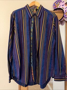 Men's Multi-Stripe Button-Up Shirt - Purple/Blue/Yellow